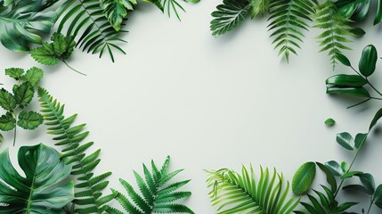 Beautiful composition with fern and other tropical leaves on white background Banner design