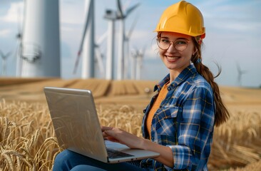 A smiling woman engineer in the field with laptop, wearing a helmet near wind turbines, Sustainable engineering, Innovation and clean energy concept