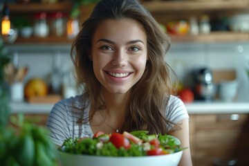 camera focus on face, very detailed face, Young smiling ute woman eating healthy fresh salad 
