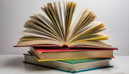 Fototapeta premium A stack of open books with colorful pages, captured in high resolution 