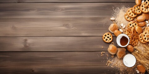 Beer with pretzel crackers and snacks on wooden table. Flat lay with text space. Banner design.