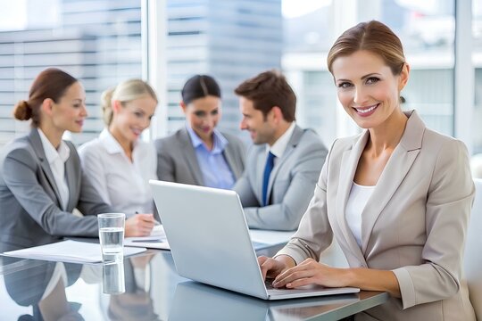 Happy Businesswoman with Laptop and Blurred Colleagues in the Background