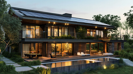 Fototapeta premium A house or villa with solar panel gable roof. Night view of eco-friendly modern house with renewable energy and solar power system and lighting.
