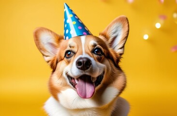 adorable Corgi wearing festive party hat, celebrating a special occasion such as birthday or New Year. invitations, greeting cards, and decorations related to celebrations and festive events.