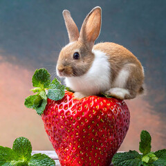 거대한 딸기위에 올라탄 귀여운 토끼 - obrazy, fototapety, plakaty