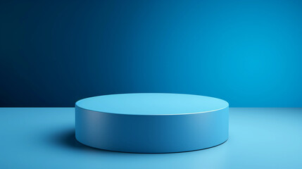 Empty round cylinder platform podium for product or cosmetics presentation on blue background with bokeh. Minimal composition background. Front view 