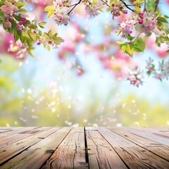 Naklejka na ściany i meble Beautiful spring background with wooden floor Generative Ai 
