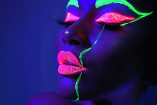 femme maquill&eacute;e avec de la poudre fluorescente sous une lumi&egrave;re noire