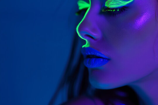 femme maquillée avec de la poudre fluorescente sous une lumière noire