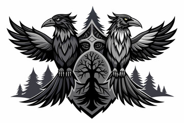 oden-s-two-ravens-2d--trees--high-definition-tattoo vector illustration