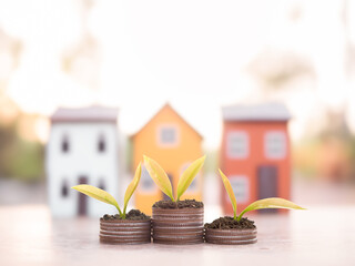Plants growing up on stack of coins with Miniature house background. The concept of payment tax for house, Property investment, House mortgage, Real estate