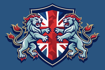 two-British--lions-holding-shield-shaped-logo-vector illustration