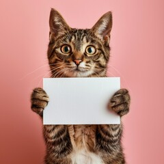 A playful tabby cat poses with a blank whiteboard on a soft pastel background, ready for your message. Adorable and ready to charm, this pet is perfect for any occasion.
