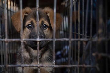 A brown and black puppy looks through the metal bars of the cage, evoking sadness and confinement. Dog in a shelter.