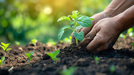 A close-up shot of gentle hands carefully planting a tiny green seedling , concept of the start of new growth.