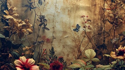 A textured vintage background featuring aged paper with elegant floral elements and handwritten script. - obrazy, fototapety, plakaty