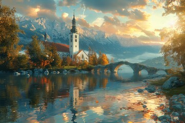 A serene sunrise illuminates the ancient stone bridge leading to the medieval church, reflected in the tranquil waters of the lake.