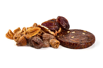 Mixed dried fruits, dried mango, dates, figs, dried persimmon, isolated on white background.