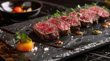 Juicy steak cut into pieces, beautifully served in a restaurant.