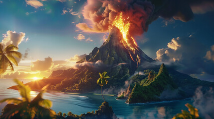 Volcanic eruption on the tropical island, lava island on sunset
 - obrazy, fototapety, plakaty