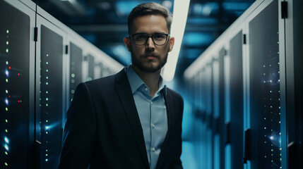 Professional IT Manager in Data Center Server Room. Confident IT professional standing in a data center server room, symbolizing network management, technology, and data security.