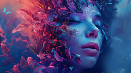 Surreal Woman with Floral Art Composition. An artistic image of a woman with her face adorned by vibrant floral elements and glitter, invoking a dreamy and mystical vibe. AI artificial intelligence,