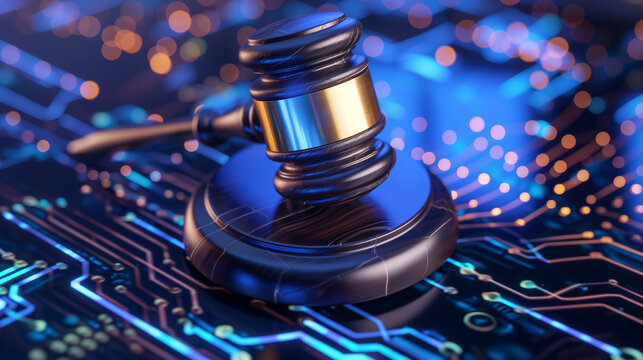Cyber Law Concept with Gavel on Circuit Board. A wooden and metal gavel rests on a circuit board, representing the concept of cyber law and digital legal regulations.