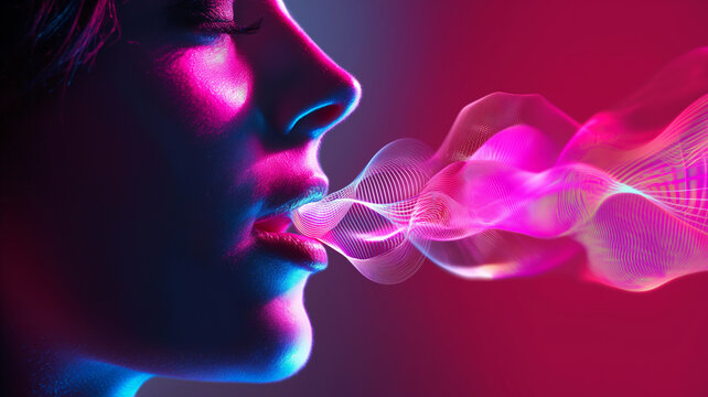 Futuristic Neon Profile with Soundwave Art. Close-up of a woman's profile in neon lighting, with a vibrant digital soundwave flowing from her mouth. AI Artificial Intelligence technology.