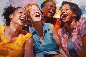 Laughing women, a group of friends laughing together contagiously, creative illustration. A celebration of laughter. April Fools Day  - obrazy, fototapety, plakaty