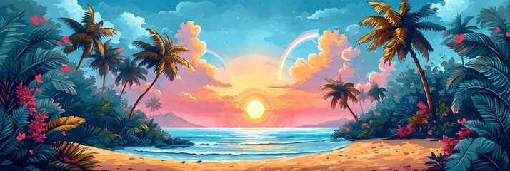 Fototapeta na wymiar A colorful seascape, a fairyland of palm trees, and a mesmerizing sunset over the ocean.
