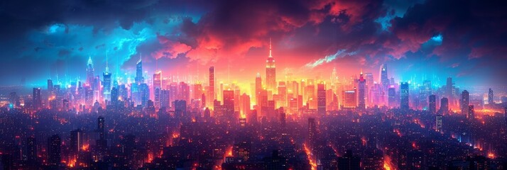 An urban skyline at sunset, blending modern skyscrapers with a futuristic cityscape in vibrant tones.