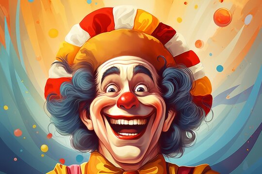 Funny clown in a bright costume, illustration. A celebration of laughter. April Fools Day
