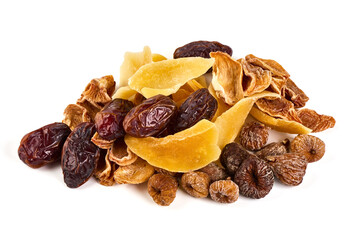 Mixed dried fruits, dried mango, dates, figs, dried persimmon, isolated on white background.