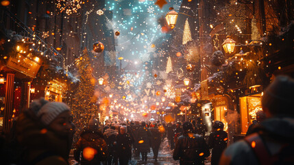 Naklejka premium New Year concept - cheering crowd and fireworks.