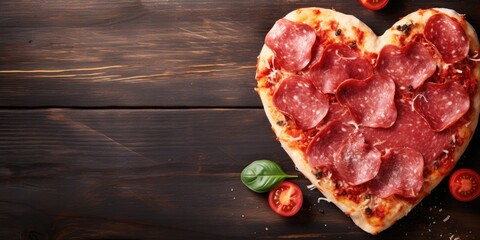 Heart-shaped Italian pizza with salami on parchment paper, representing love for Valentine's and Mother's day, seen from above on a wooden table with a copy space background.