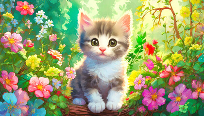 꽃이 있는 정원의 새끼 고양이