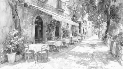 Quaint European street cafe scene sketched in pencil on paper