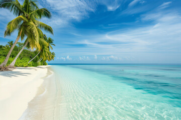 Paradise beach of a tropical island, palm trees, white sand, azure water