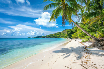 Obraz premium Paradise beach of a tropical island, palm trees, white sand, azure water