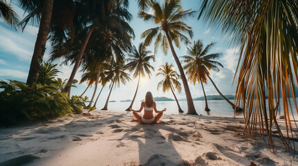 Back view of young woman, full body, doing yoga at beach during sunset, the paradise islands by the...