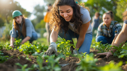 Community volunteers engaging in garden project on a sunny day
