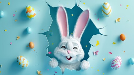 A cheeky cartoon Easter bunny winking as it peeks out from a torn hole, with Easter eggs scattered around. - obrazy, fototapety, plakaty