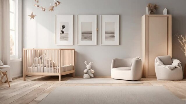 Nurturing Neutrals: Modern Baby Room with Three Poster Frame Mockup