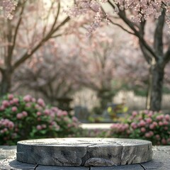 Fototapeta na wymiar Empty stone podium and spring scene in the background Generative Ai 