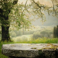 Empty stone podium and spring scene in the background Generative Ai 