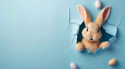 A playful cartoon Easter bunny hiding and then suddenly jumping out of a torn paper hole. - obrazy, fototapety, plakaty