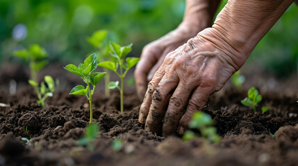 A close-up shot of gentle hands carefully planting a tiny green seedling , concept of the start of new growth.