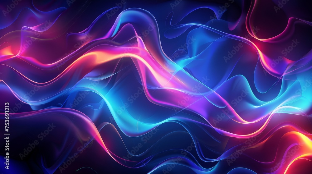 Wall mural abstract fluid shapes with neon colors and a glowing effect on a dark background
