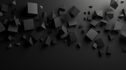 Abstract geometric shapes floating on a gradient black to grey background