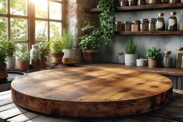 An empty wooden kitchen table with a rustic cutting board, ideal for food preparation and presentation.